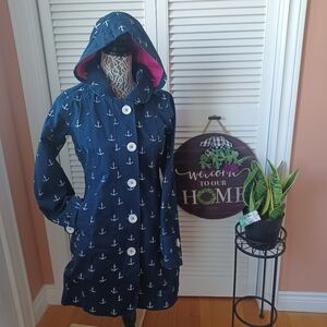 Hatley Nautical Fitted Navy Raincoat Trench Jacket with Anchor Print US 4